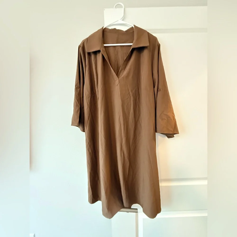 SHEIN Brown Collared V-Neck Midi Shirt Dress